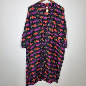 Reckless Mens Vintage 100% Silk Colorful Fish Button Front Sleep Shirt Size L